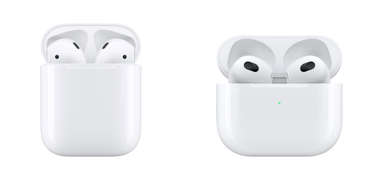 The third-gen MagSafe Charging Case (right) is shorter and wider than the case for the second-generation AirPods (left)