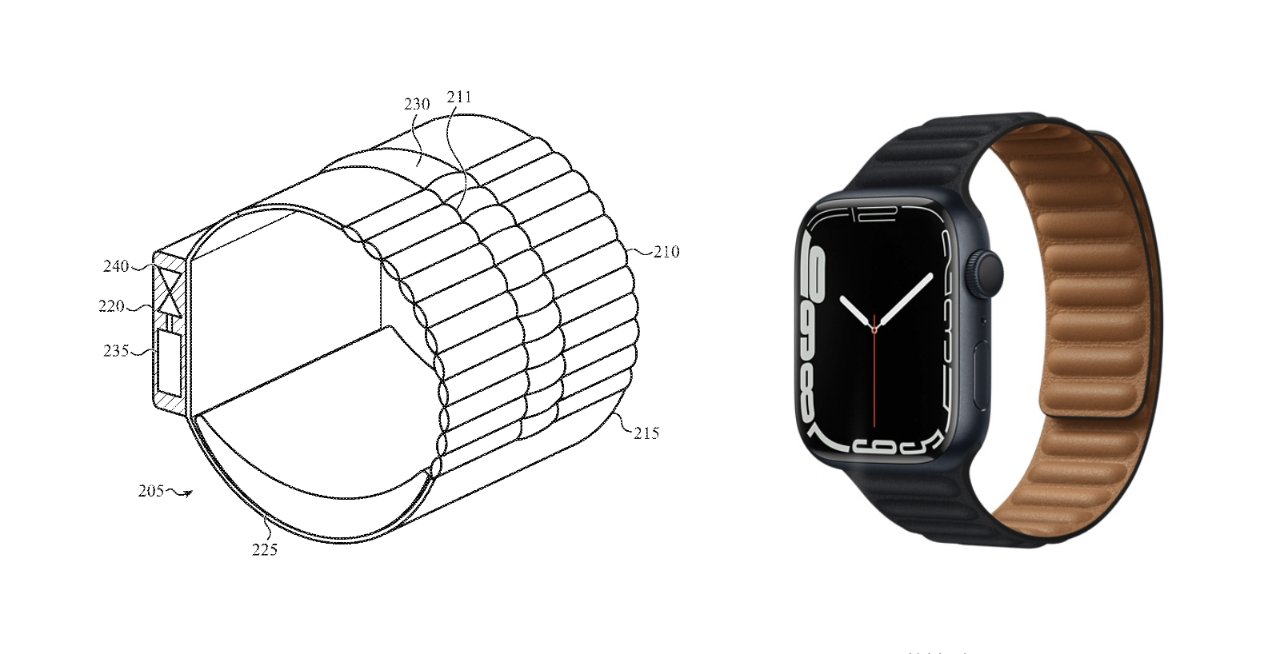 Left: detail from the patent. Right: Apple Watch Series 7 with a Leather Link band