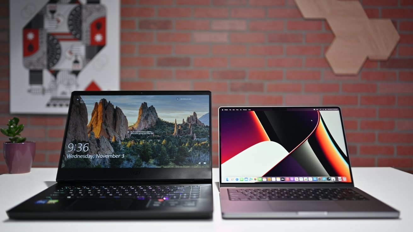Apple's 14-inch MacBook Pro (right), MSI's GP66 Leopard (left)