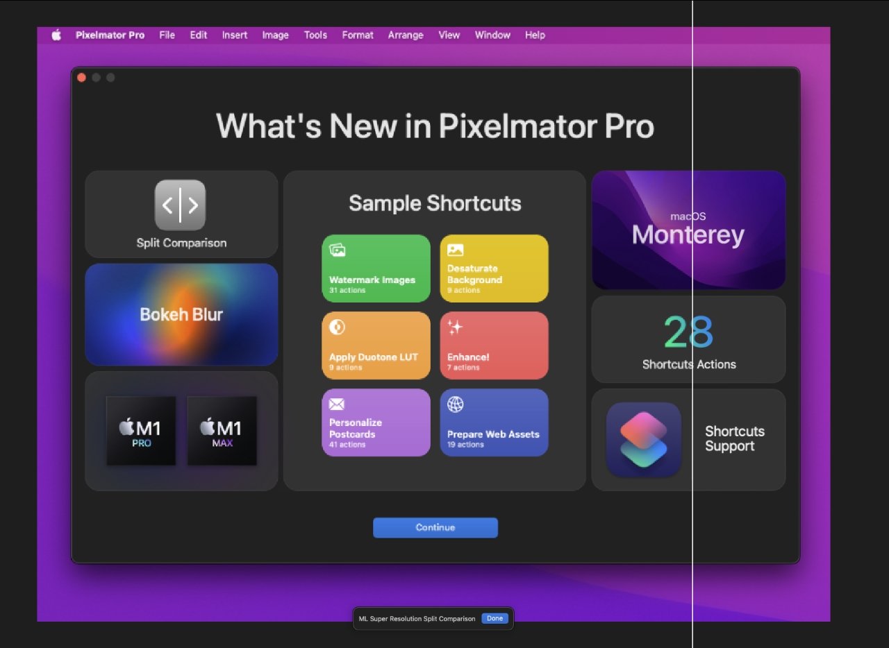 Pixelmator Pro's own What's New page -- with example Shortcuts -- with a Split Comparison showing the ML-based Super Resolution