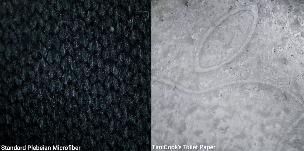 A microscopic view of a standard polishing cloth (left) and Apple's $19 cloth (right). Image courtesy of iFixit.