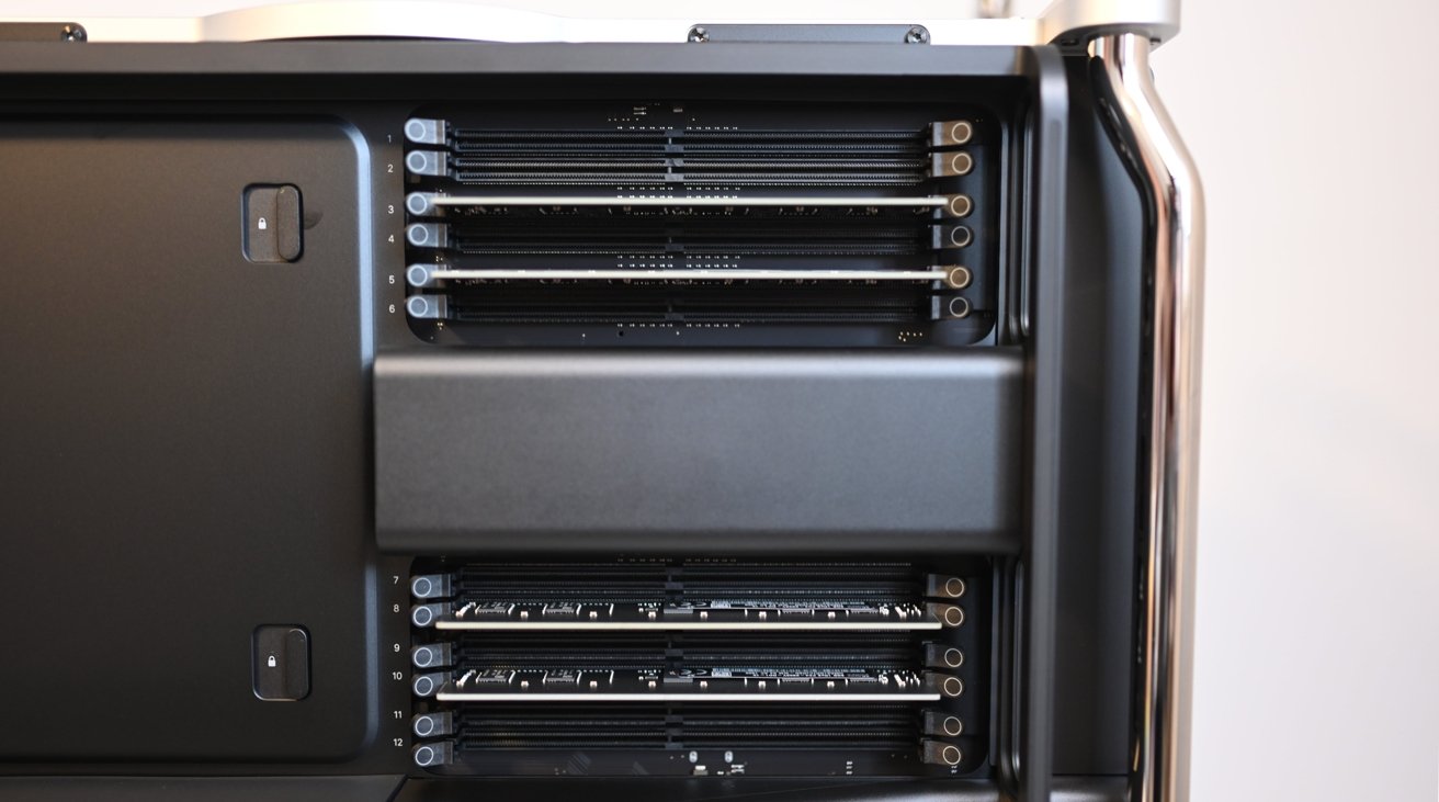 The extensive memory slots of the Mac Pro.