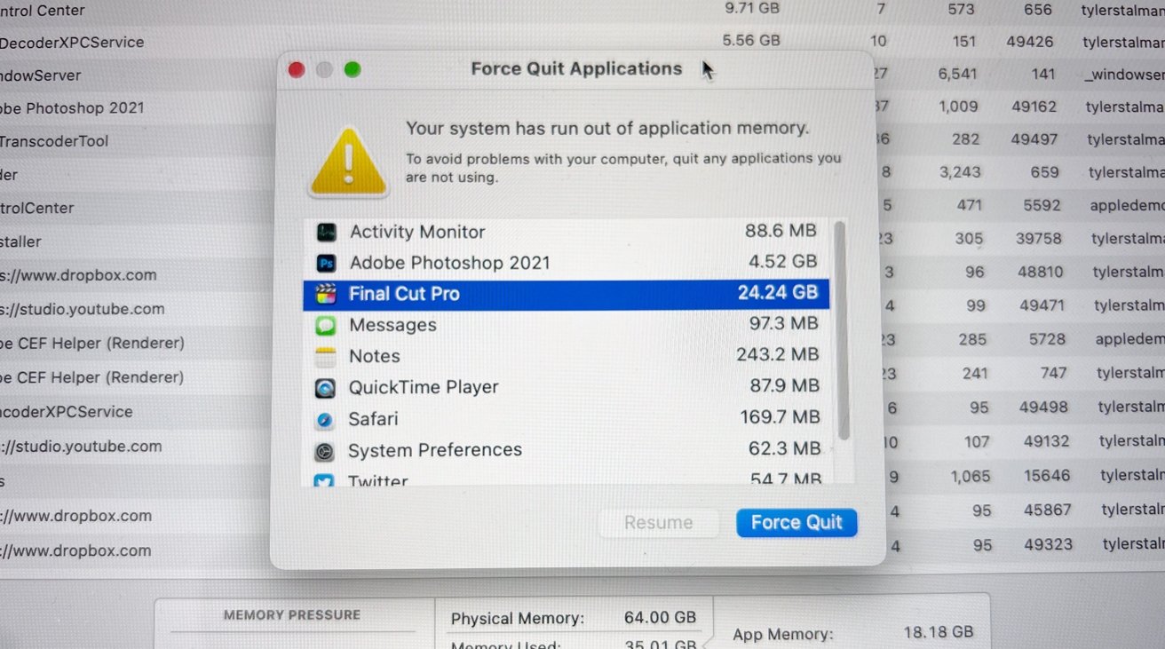 A memory leak screenshot showing Final Cut Pro as using 24.24GB [via Twitter/Tyler Stalman]