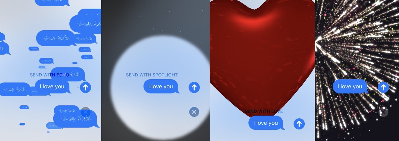 Beberapa contoh animasi layar penuh yang dapat Anda pilih di iMessage. 