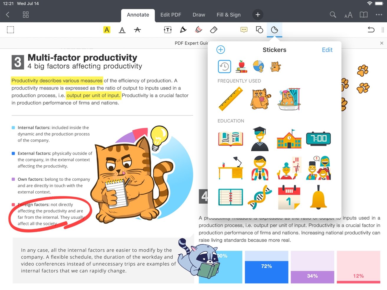 PDF Expert's annotation tools cover highlighting text, drawing, and even applying stickers. 
