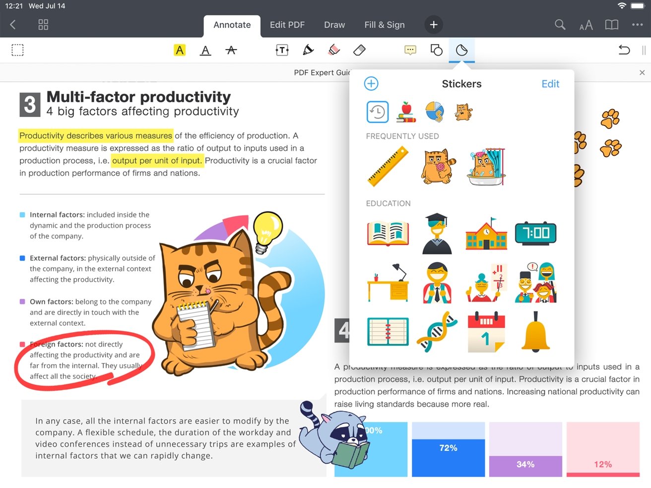 PDF Expert's annotation tools cover highlighting text, drawing, and even applying stickers.