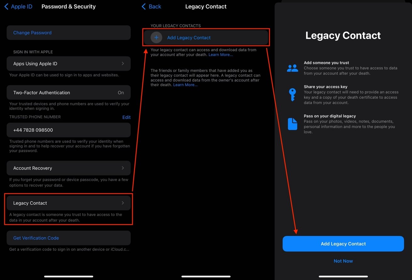 Legacy Contacts is held in Passwords & Security, under your Apple ID in the Settings app. 