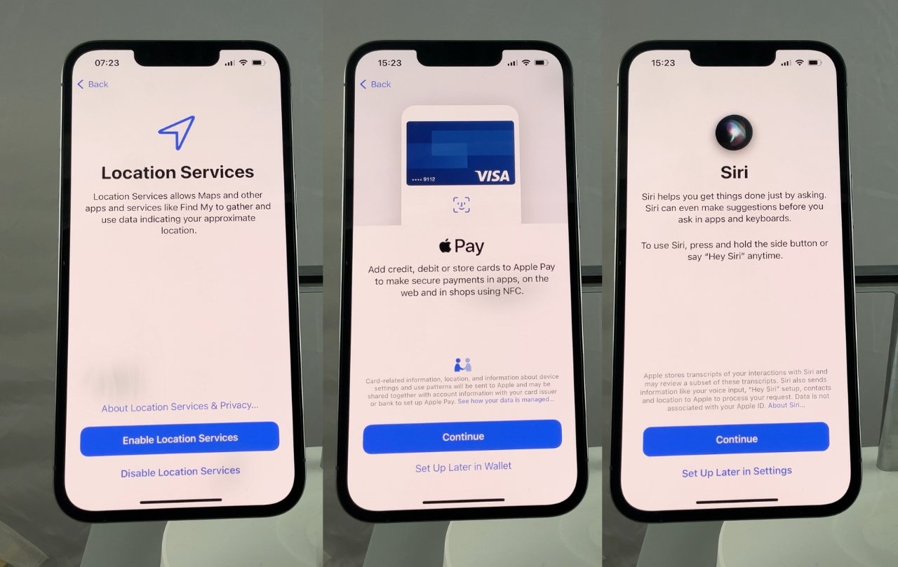 L-R Location Services, Apple Pay, and Siri