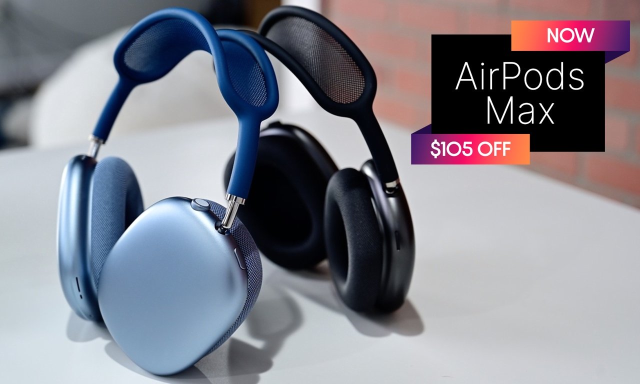 AirPods Max in Blue and Space Gray with $105 off badge