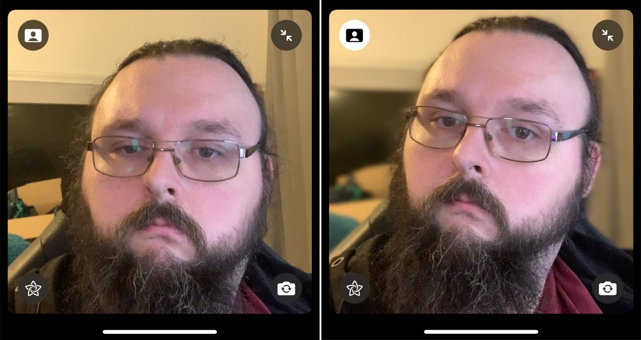 Verifique os ícones no canto superior esquerdo com o modo Retrato no FaceTime desativado (à esquerda) e ativado (à direita)