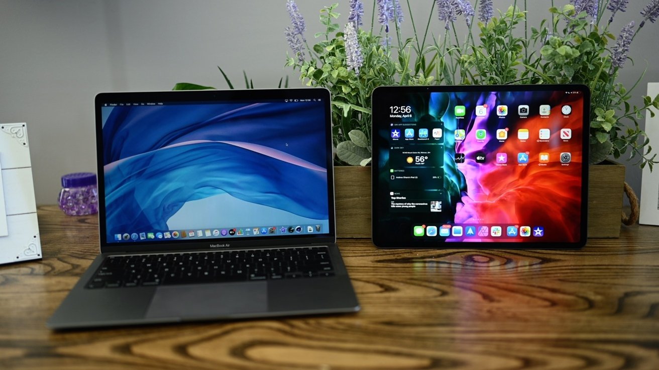 Apple MacBook model and an iPad
