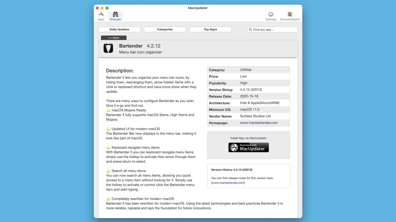 MacUpdater 2 provides you with a lot of data about the updates, and the apps too. 