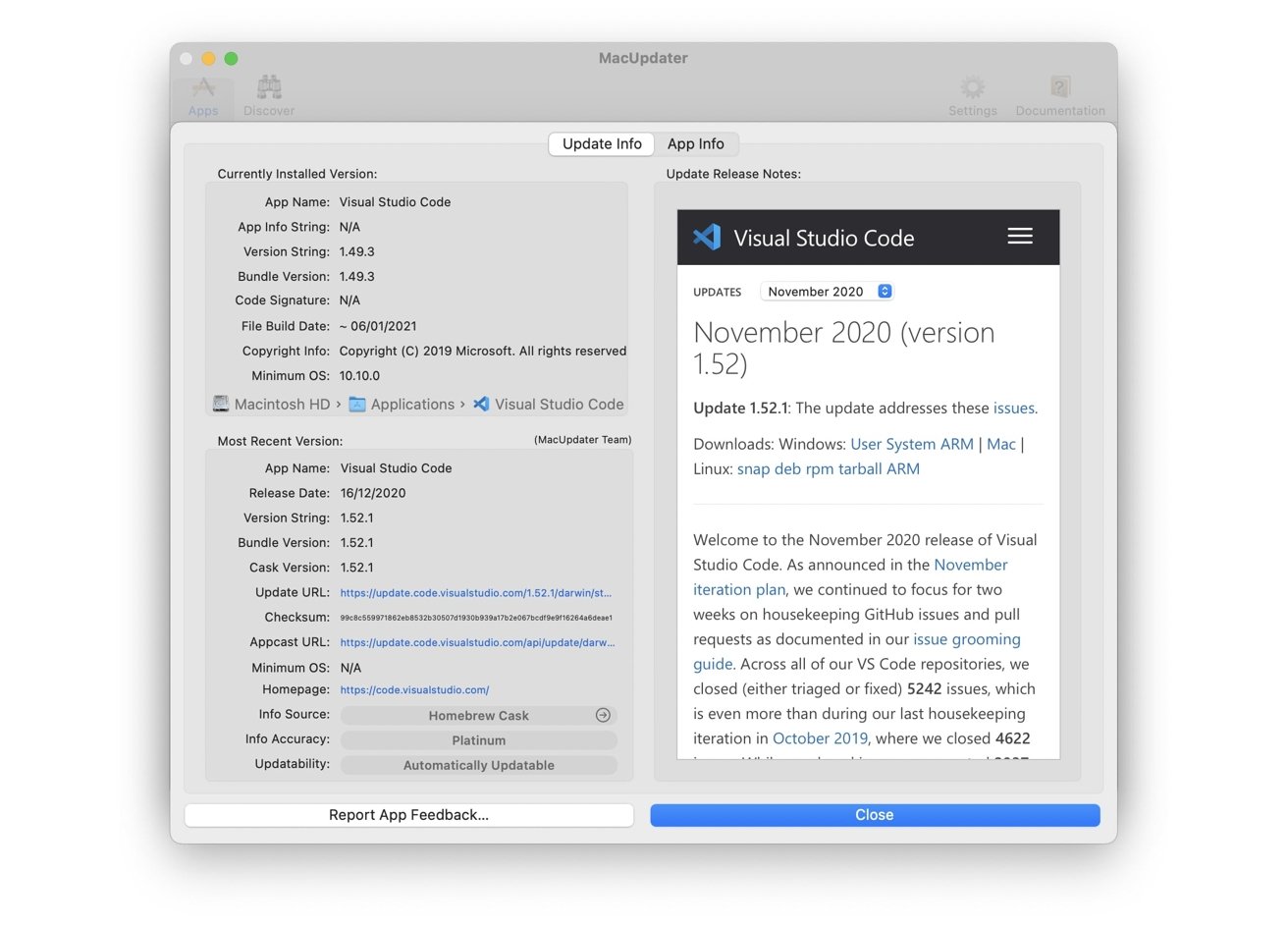 MacUpdater 2 gives you a lot of data about updates and apps. 