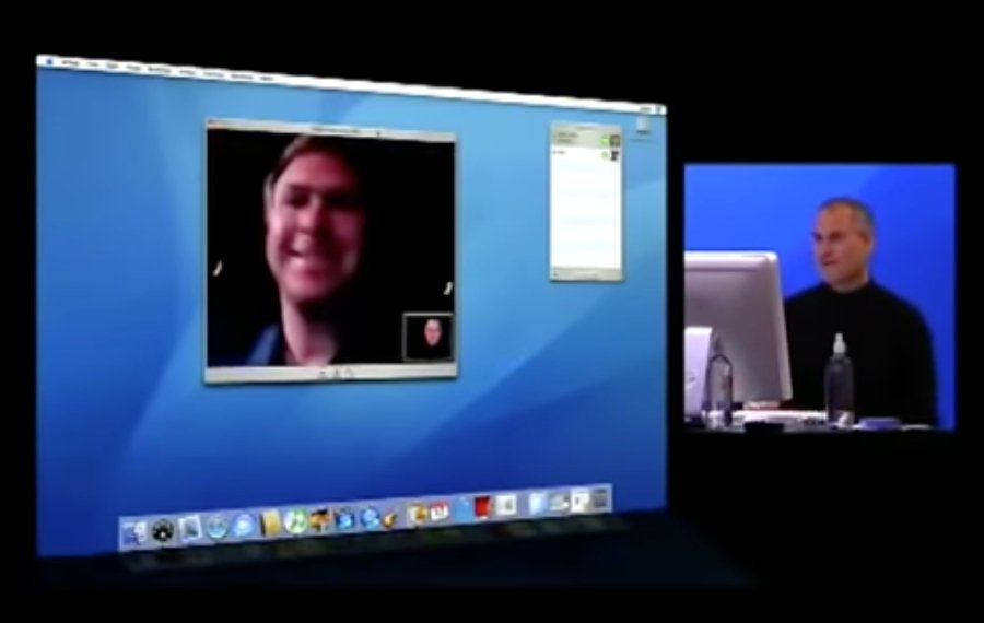 Steve Jobs and Phil Schiller in the first video conference using the MacBook Pro's built-in camera