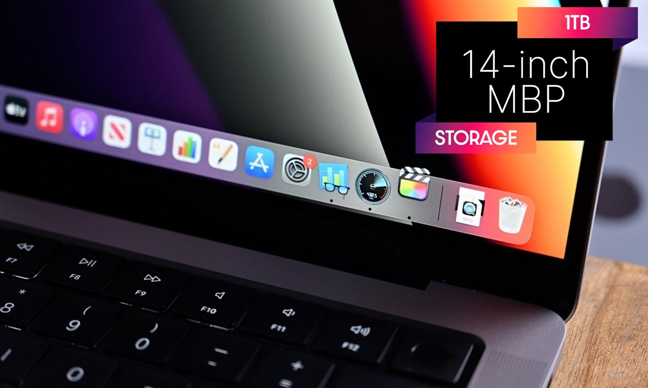 MacBook Pro 14-inch closeup with 1TB storage deal badge