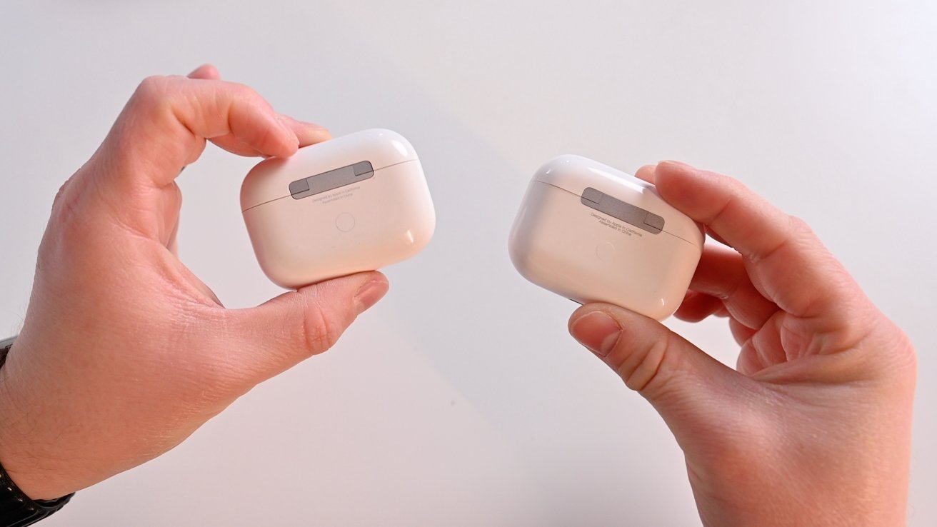 The text is darker on the fake AirPods Pro and the button isn't flush