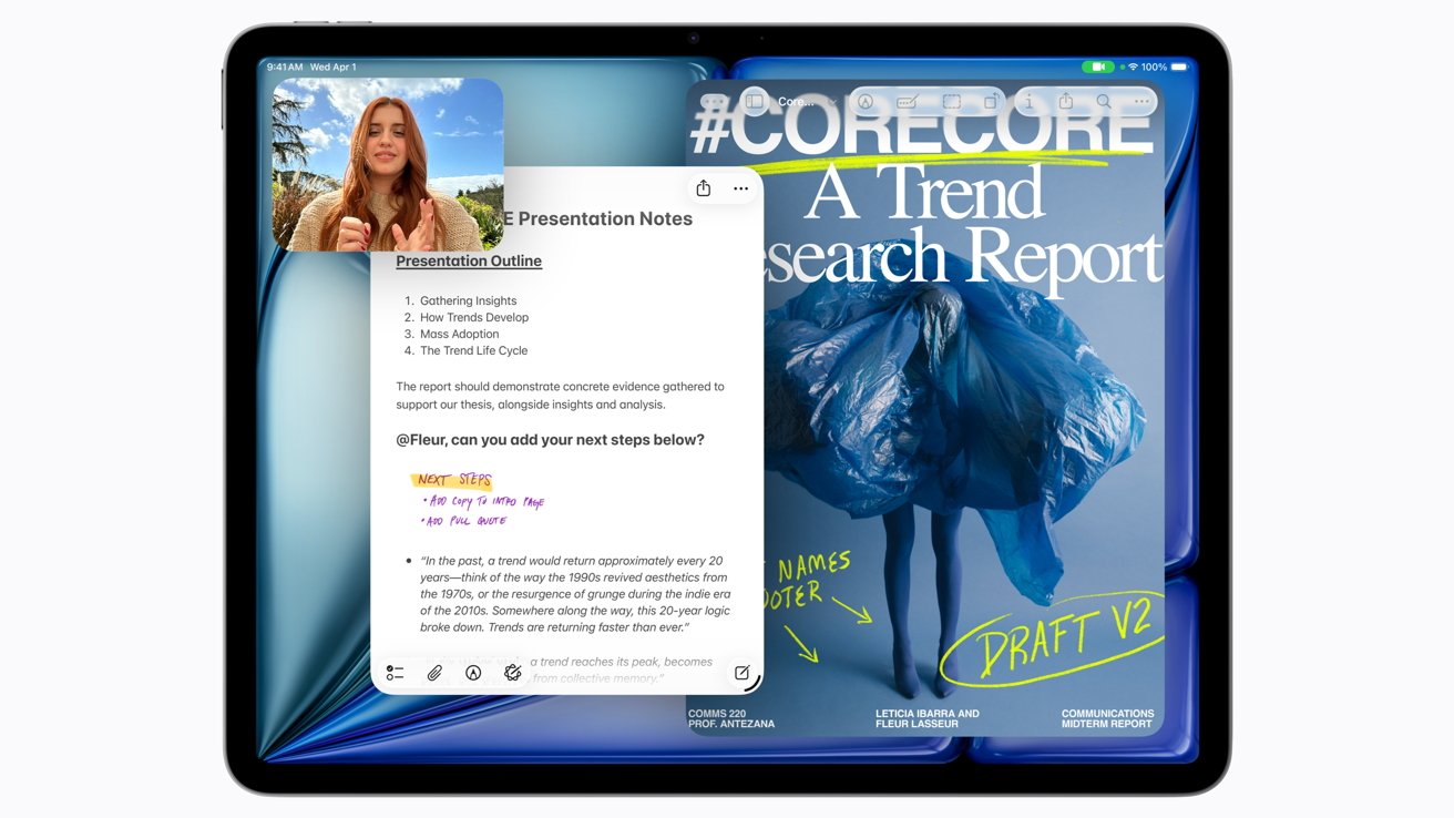 iPad screen showing split view: a video call with a young woman above typed and handwritten presentation notes on the left, and a colorful trend research report cover draft on the right