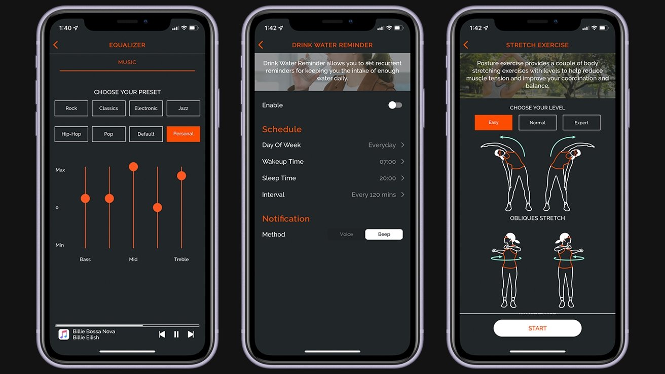 The Solos app features an equalizer as well as customizable fitness and health trackers