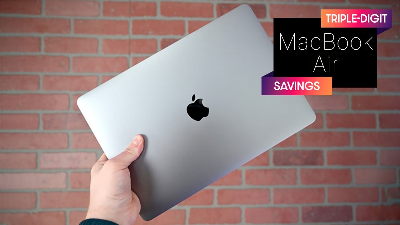 Apple MacBook Air in Space Gray with triple-digit savings banner