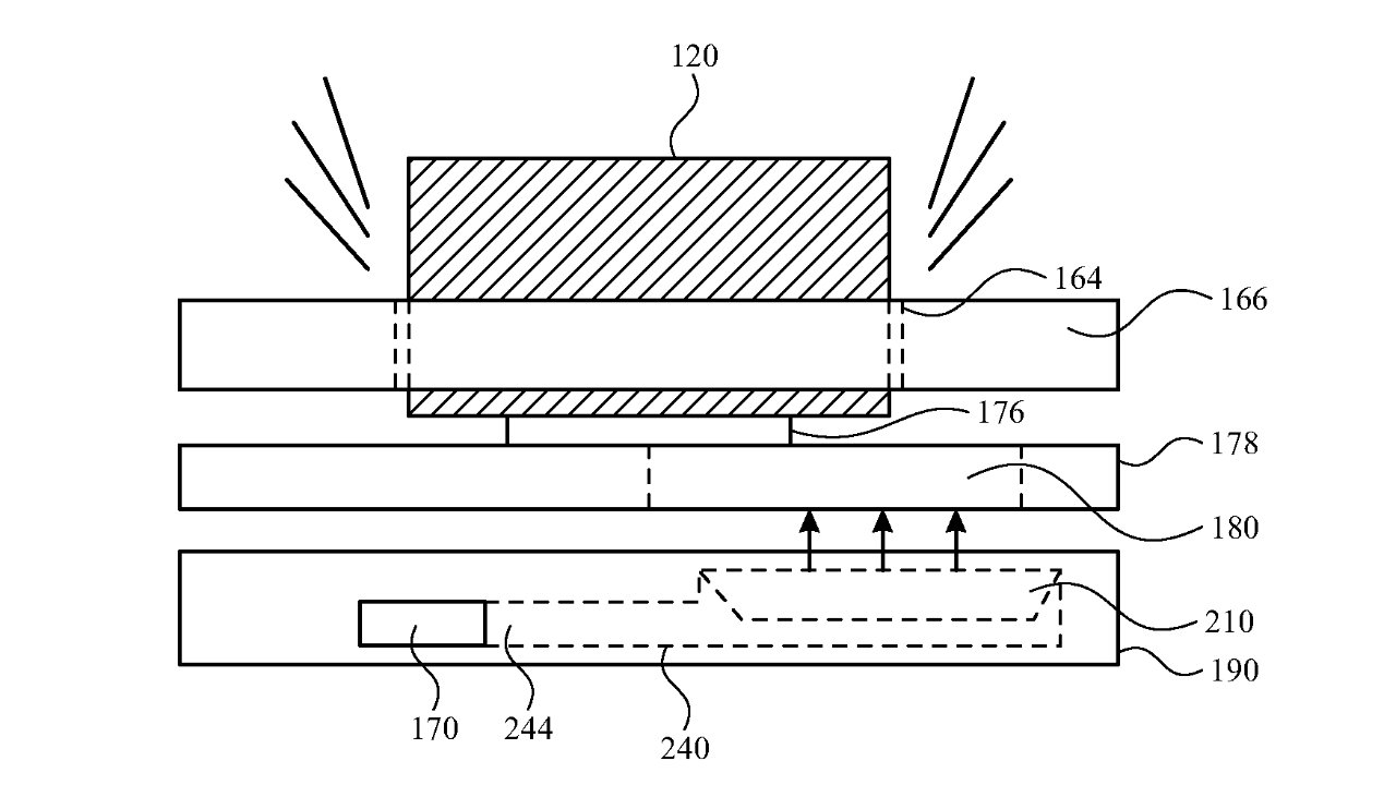 Detail from the patent application showing a speaker assembly underneath a keyboard