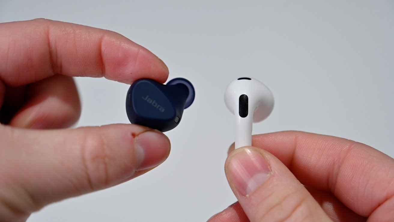 Jabra adopts a more conventional earbud design, without Apple's stalks.