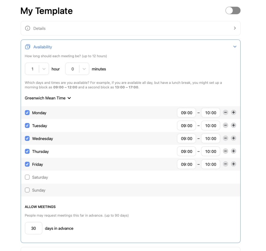 Users can specify when they are available, then allow all or selected other people to request meetings