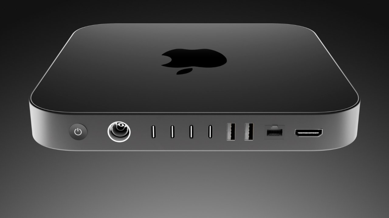 An AppleInsider render of the rear of an updated Mac mini