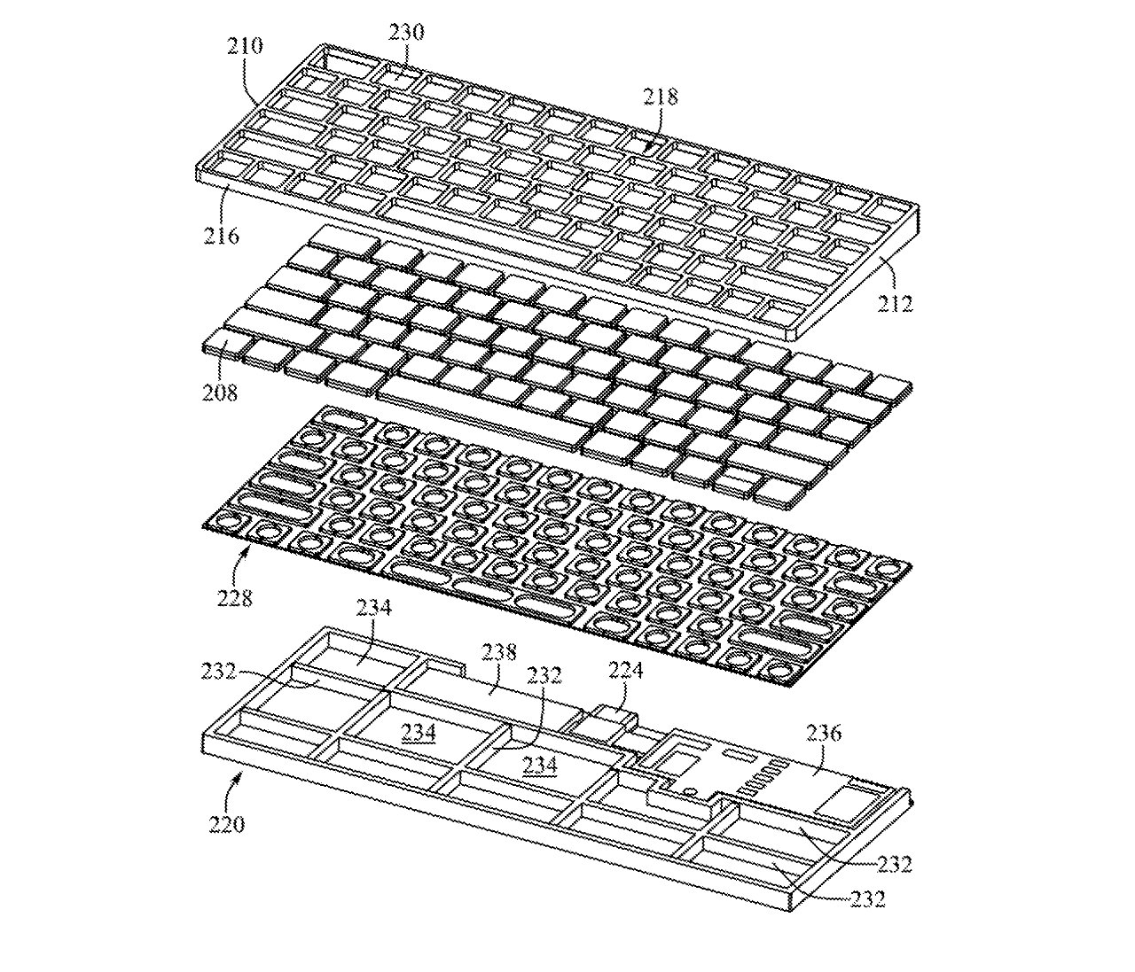Detail from the patent application showing the whole stack from keys at the top to computer components at the bottom