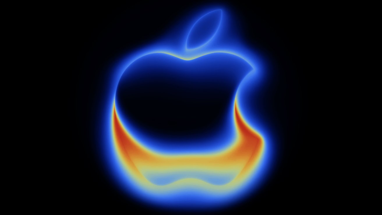 Glowing apple logo with blue and orange neon light on a black background, depicting a stylized, vibrant, and modern design.