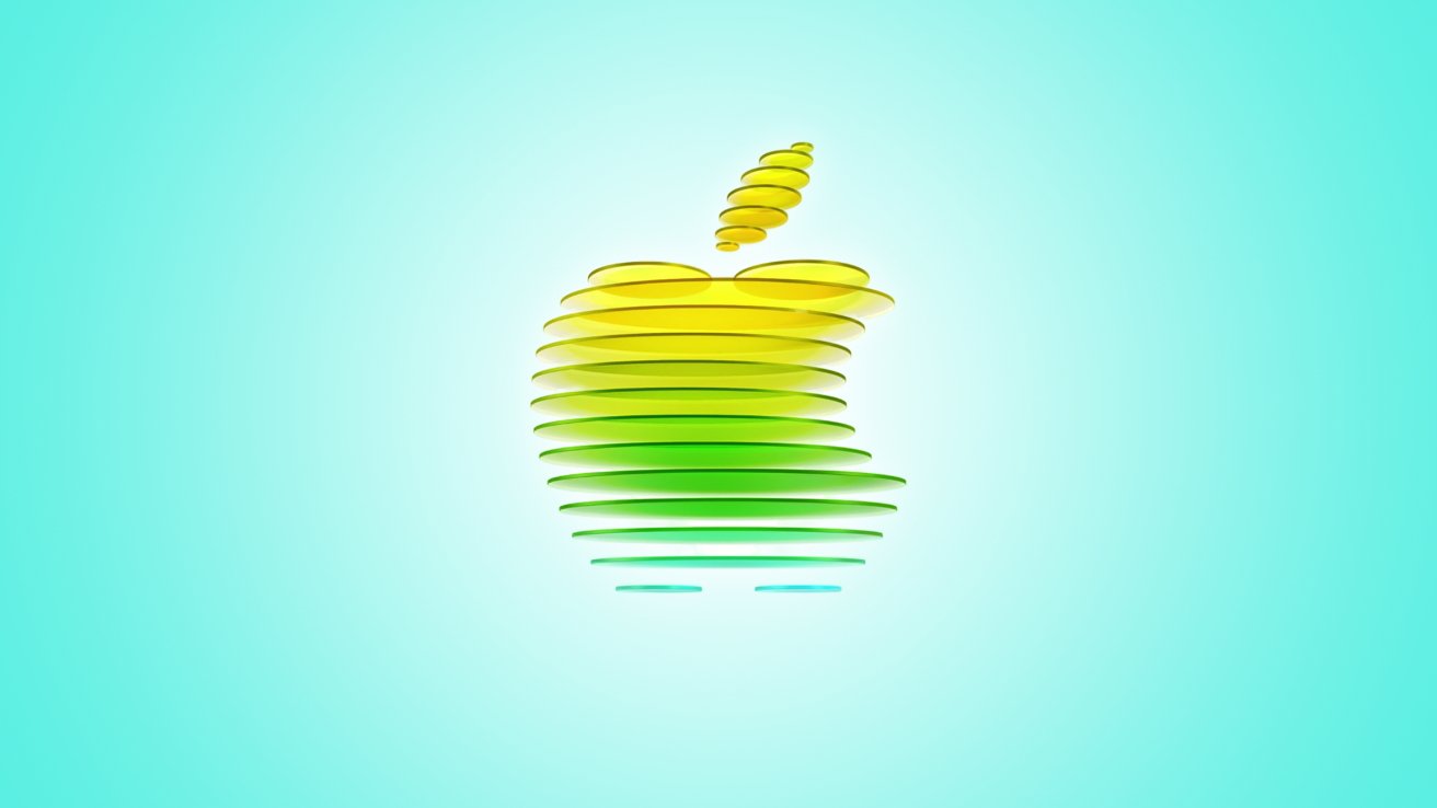 An Apple logo made of stacks of transparent material, perhaps glass, in yellow, green, and blue colors