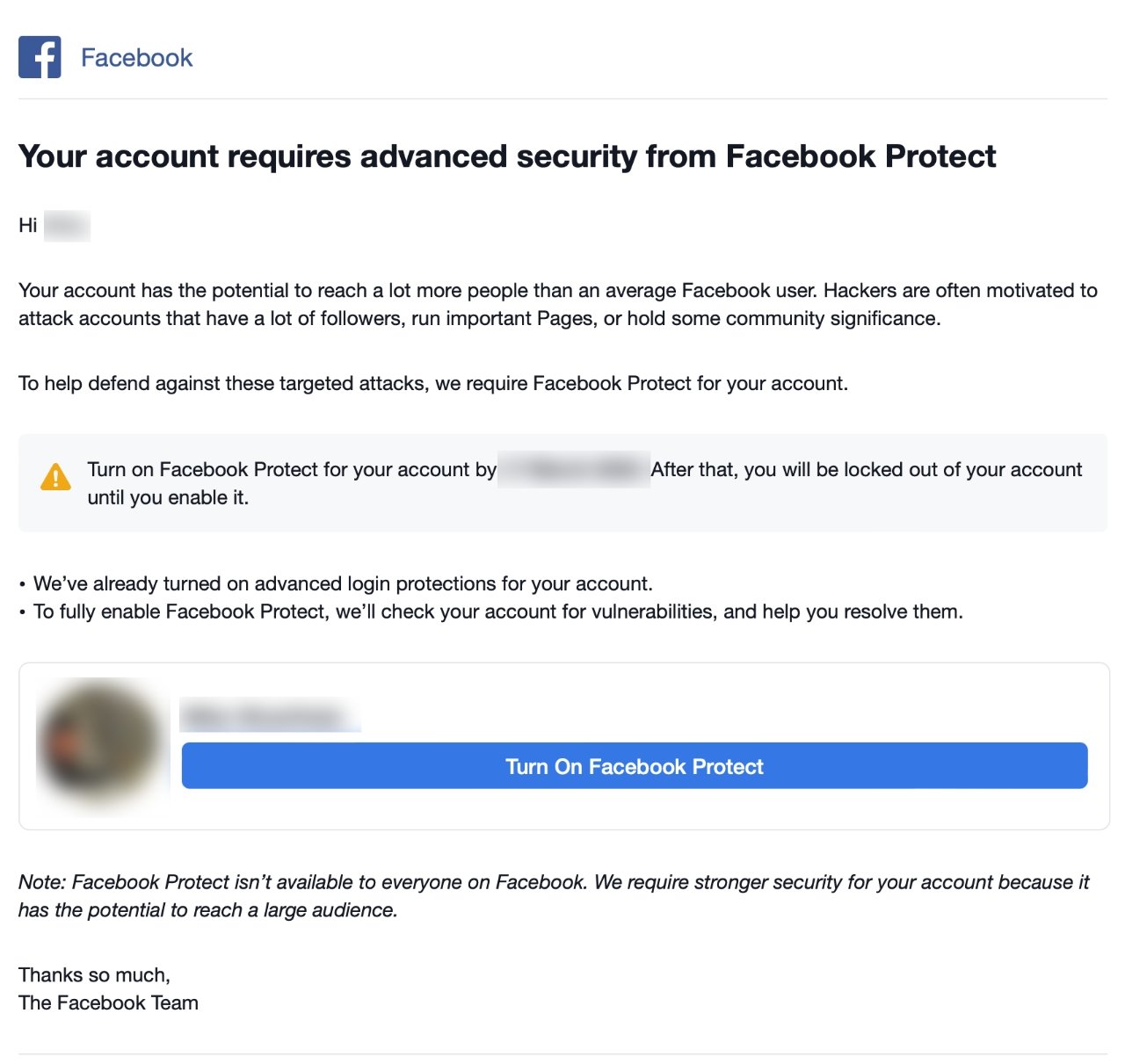 The email sent by Facebook
