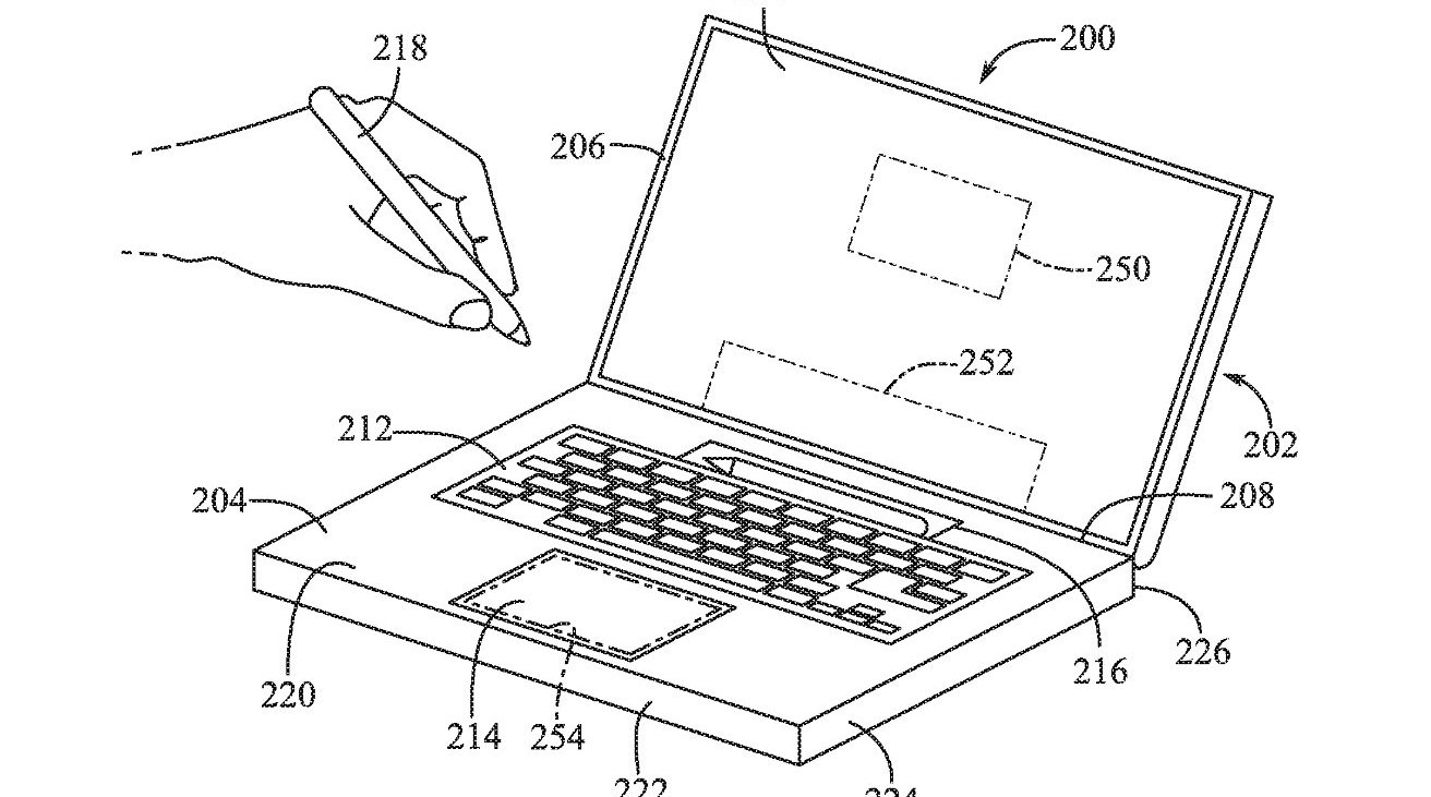 Line drawing of a hand holding a stylus over a laptop with labeled components indicating an instructional or patent illustration.