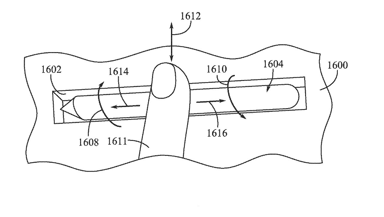 Detail from the patent showing a housed Apple Pencil being swiped across