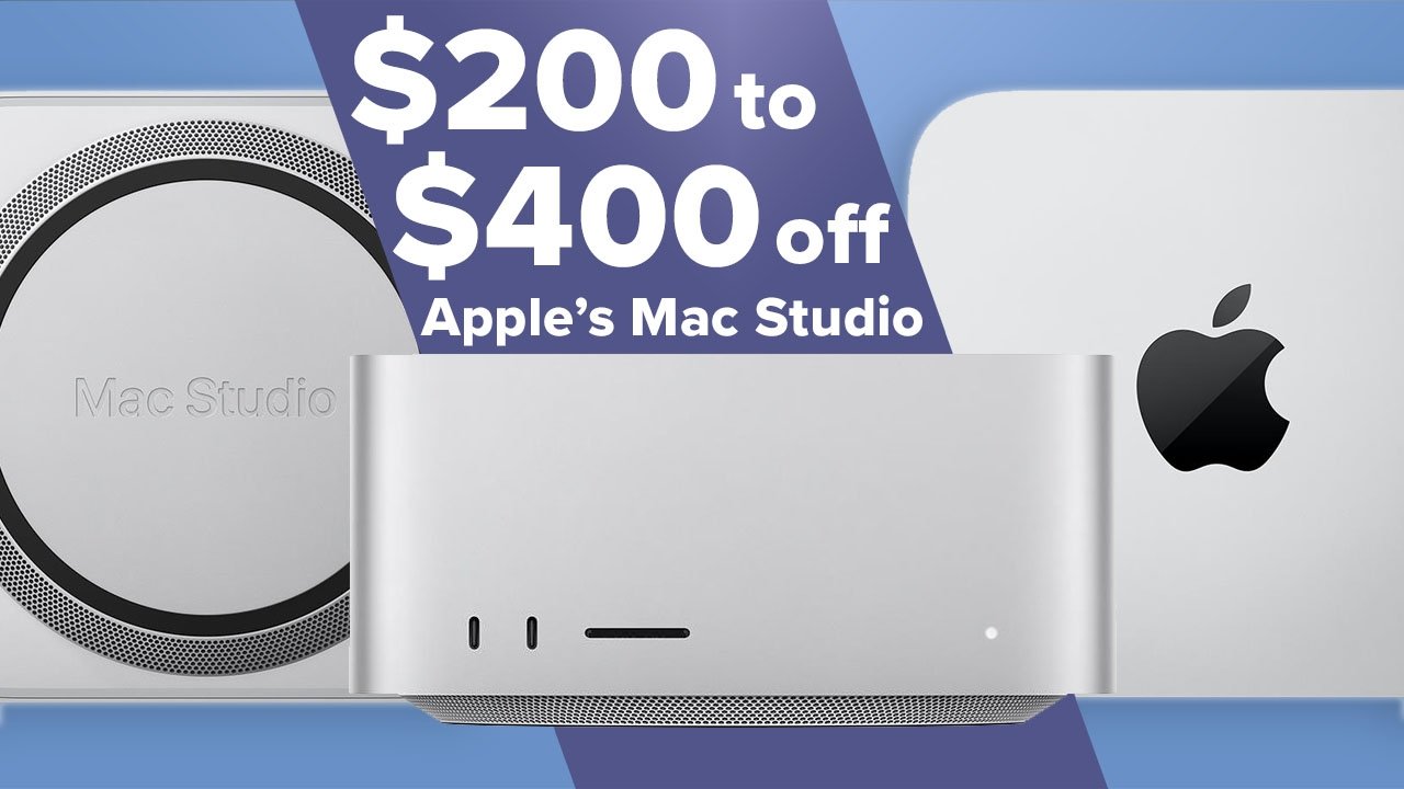 Apple Mac Studio front, back, top with $200 to $400 off messaging