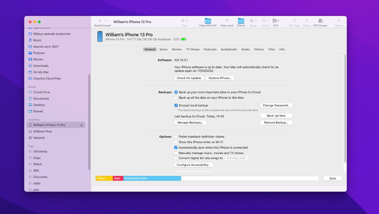 Connect an iPhone to a Mac and this screen lets you both backup and sync