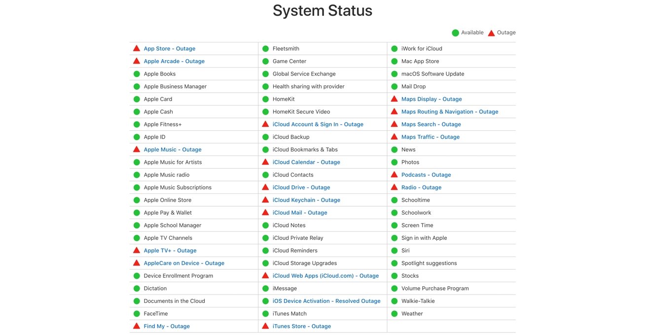 The Apple System Status page at 1:03p.m. eastern. 
