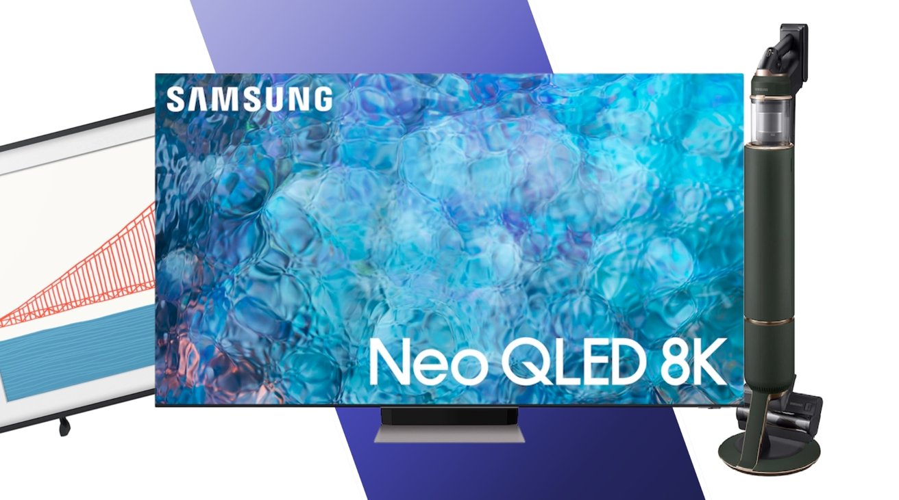 2021 Samsung Neo QLED 8K TVs, 2022 Samsung Frame TV, and Samsung Bespoke Jet Cordless Stick Vacuum side by side