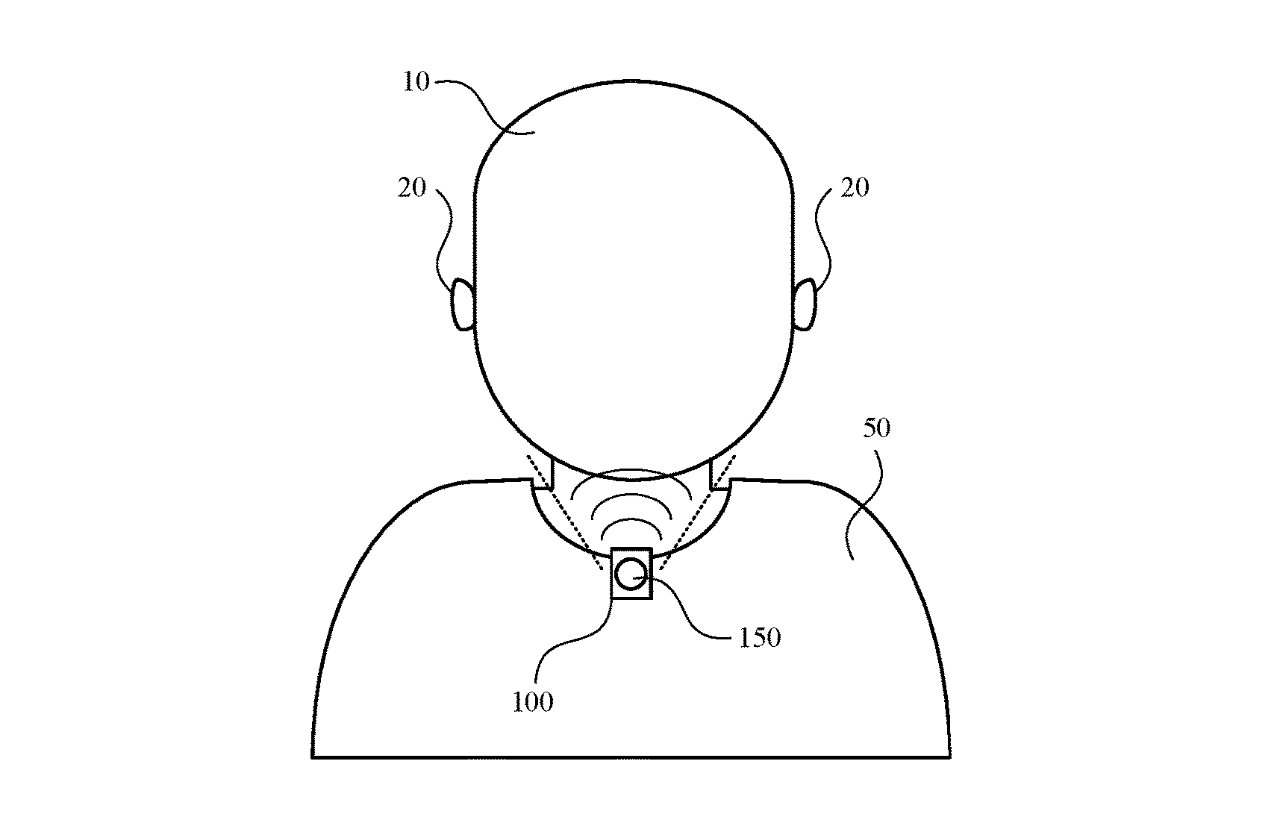 Detail from the patent showing a speaker on a collar, which isn't half as much fun