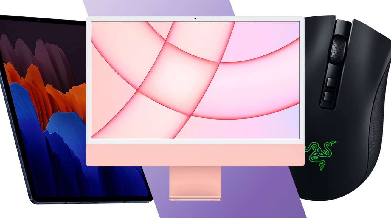 Apple iMac 24-inch in pink, Samsung Galaxy Tab S7+ Wi-Fi 256GB, Razer DeathAdder v2 Pro Wireless Gaming Mouse side by side