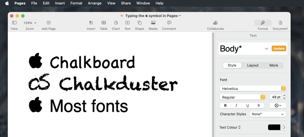 Certain fonts will display a typed Apple symbol differently