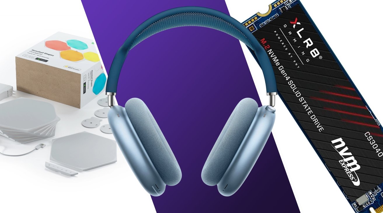 PNY XLR8 500GB M.2 NVMe Internal SSD, AirPods Max, and Nanoleaf products side by side