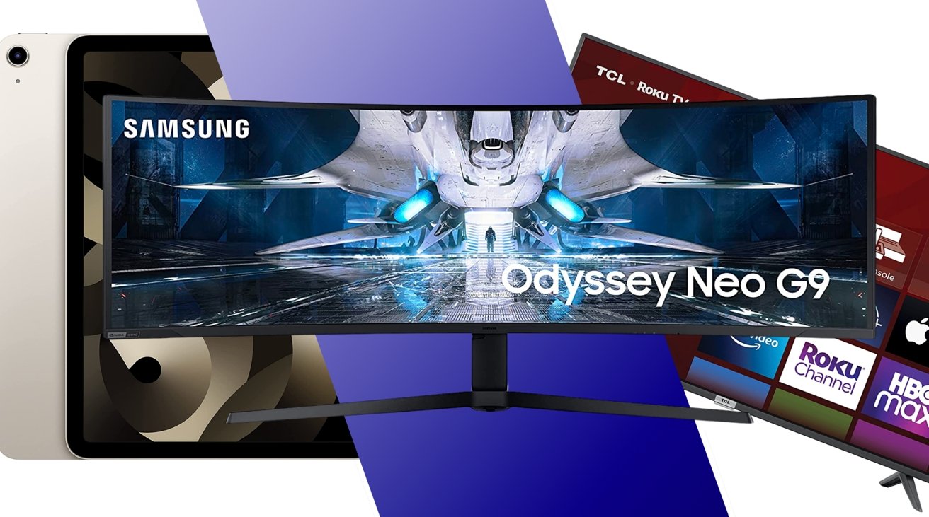 Samsung 49-inch Odyssey Neo Gaming Monitor, 2022 Apple iPad Air, and TCL 65-inch Class 4-Series 4K side by side