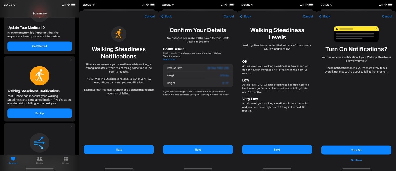 The path to enable Walking Steadiness notifications in the Health app in iOS 15. 