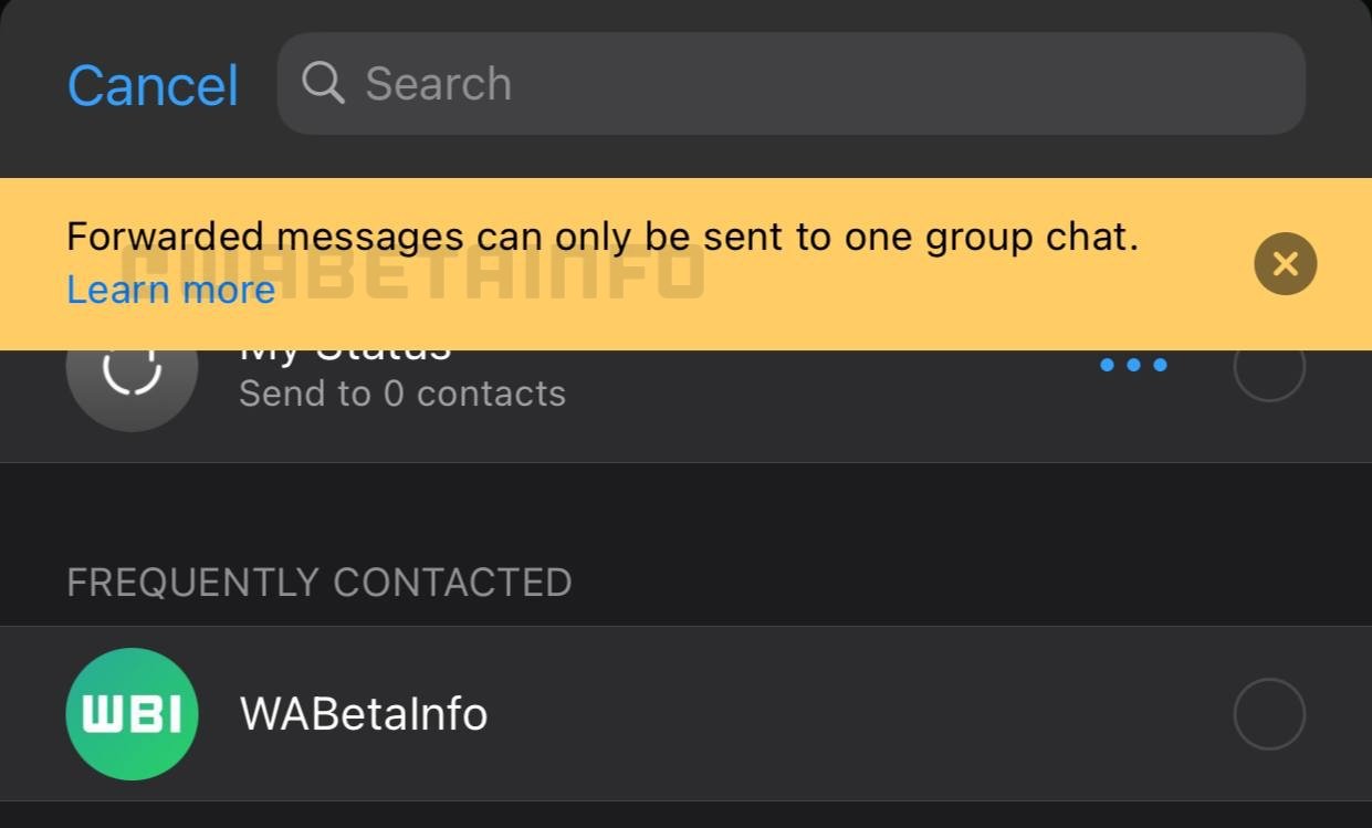 The forwarding limitation message in the WhatsApp beta. [via WABetaInfo]