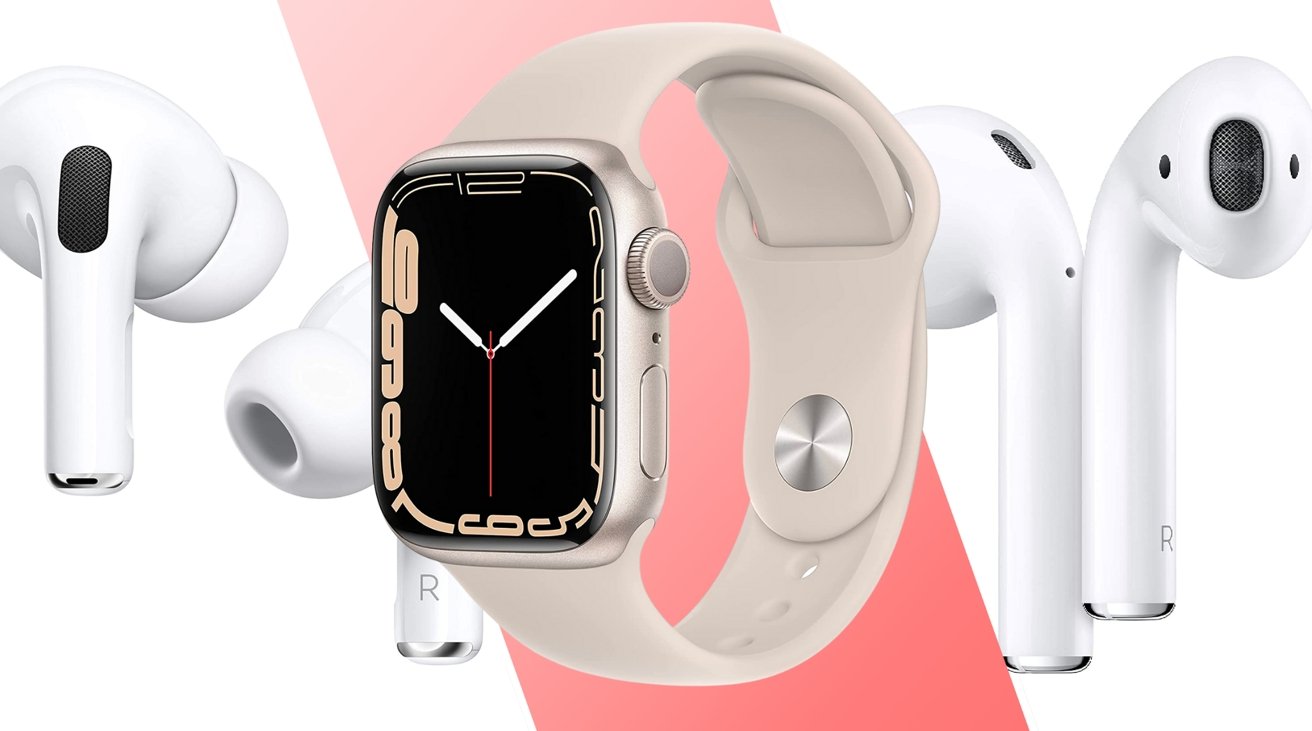 Apple Watch Series 7, Apple AirPods Pro, and Apple AirPods (2nd Generation), side by side