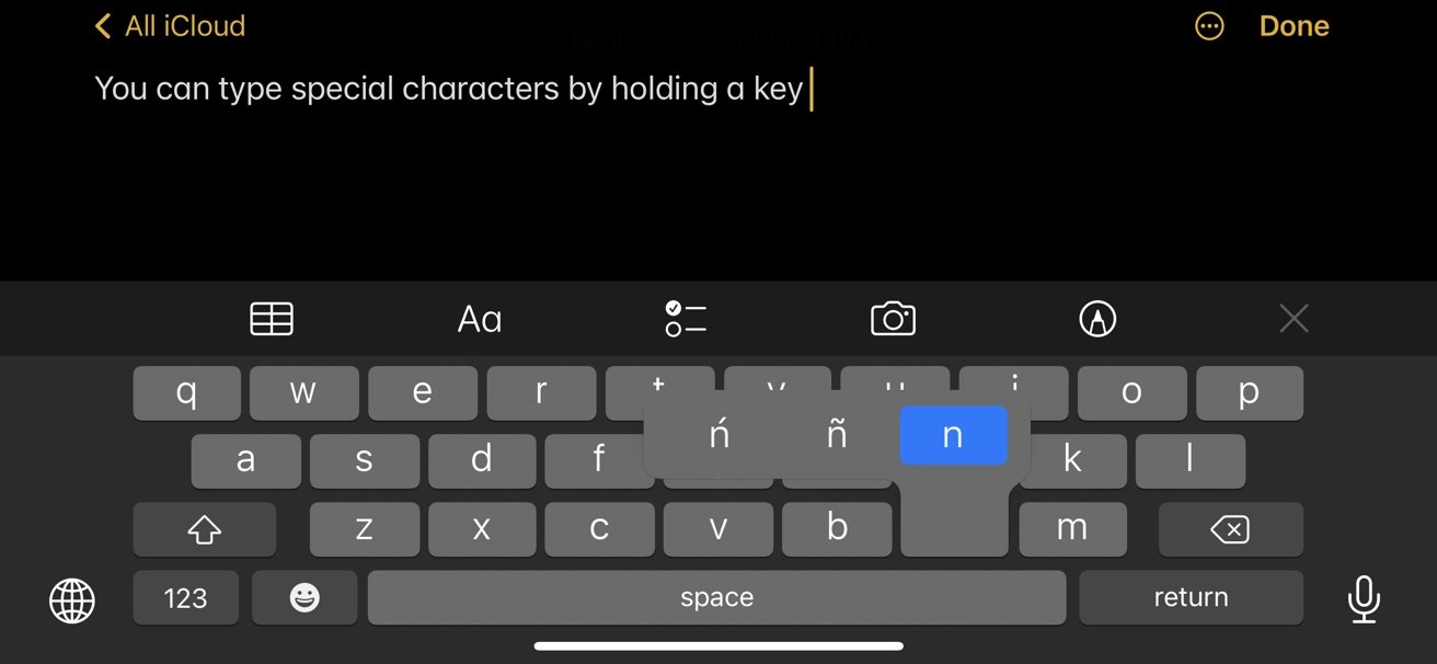 Extended characters on an iPhone