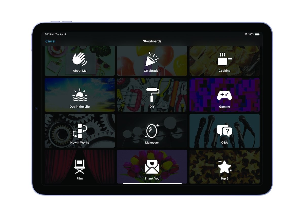 Storyboards are iMovie templates across a variety of categories.