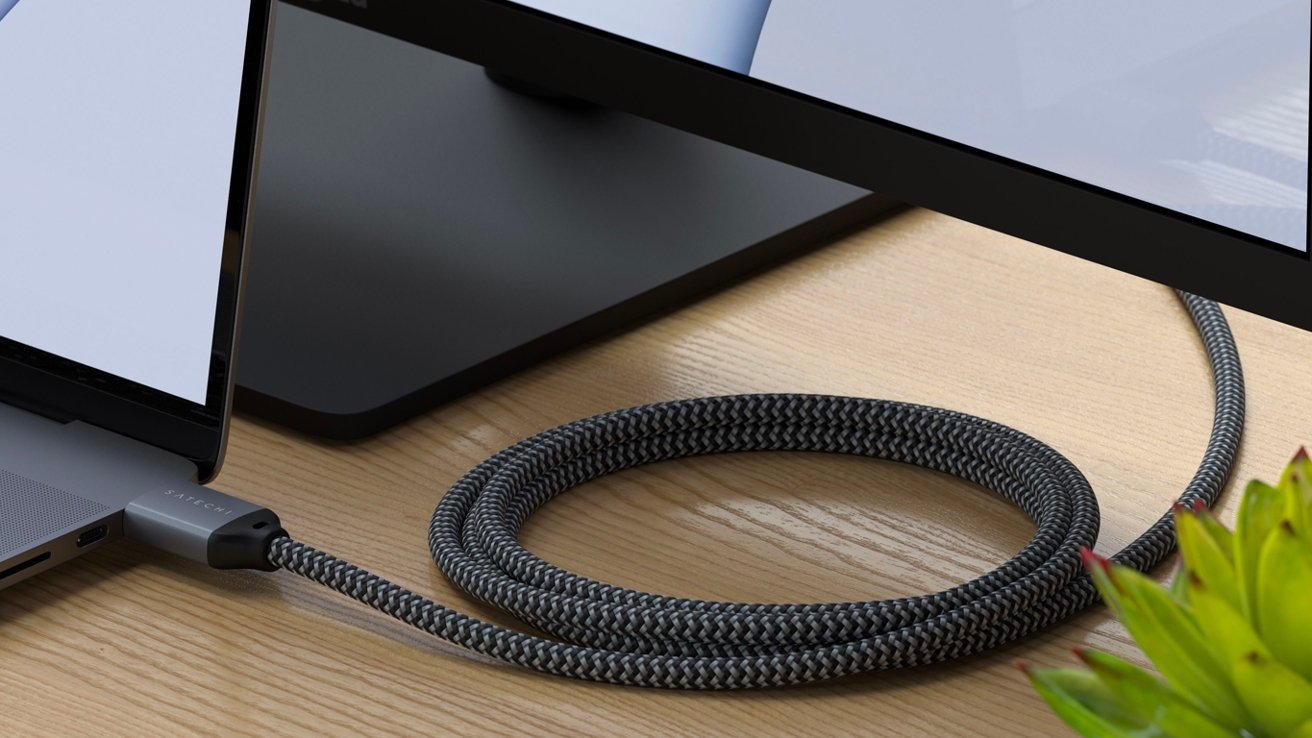 Satechi 8K Ultra HD High Speed HDMI 2.1 Cable connected to MacBook Pro