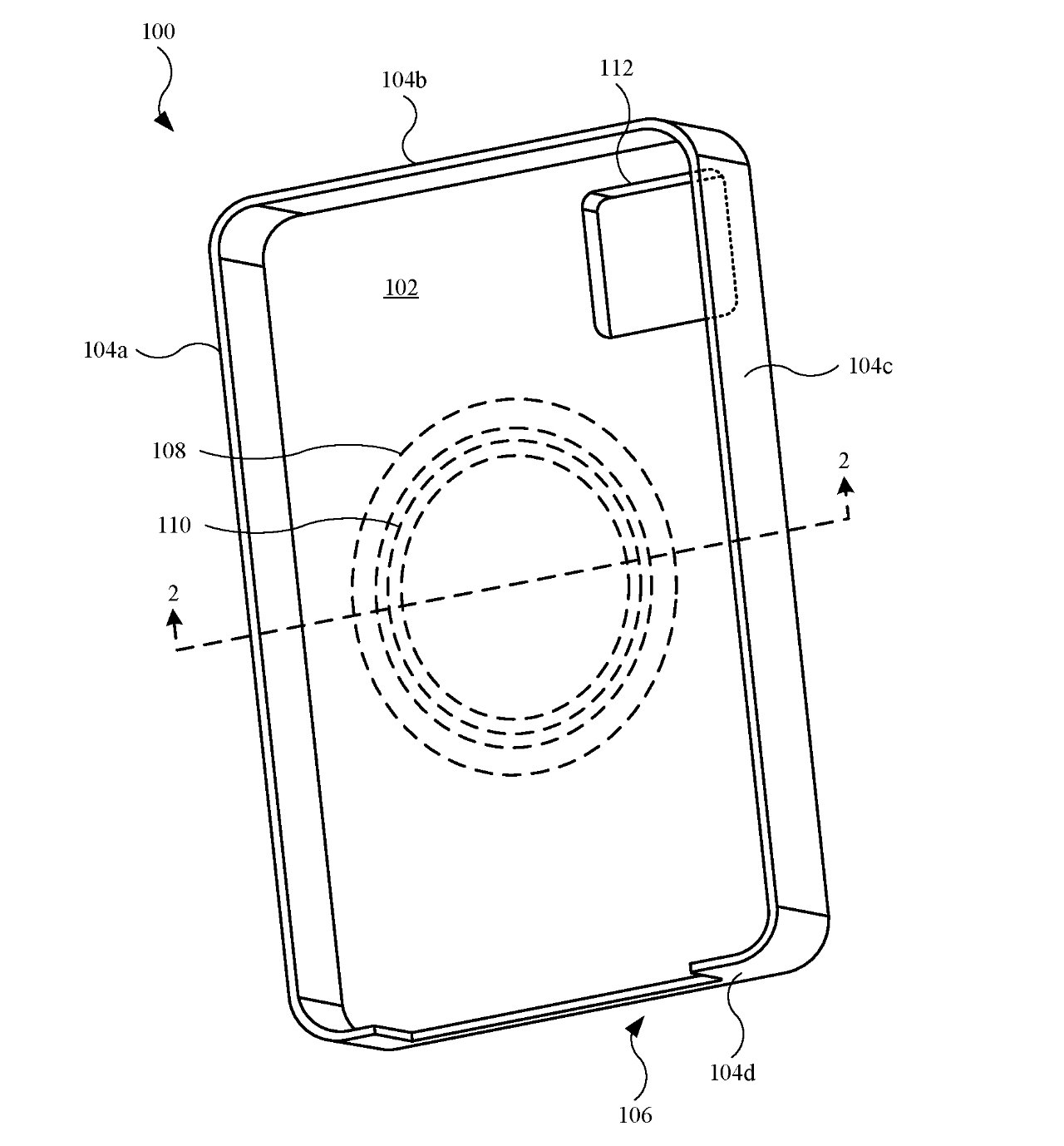 Detail z patentových přihlášek, zobrazující MagSafe na budoucím iPhonu, který z něj dokáže číst data