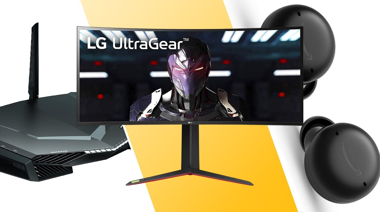 LG UltraGear Curved 34-inch QHD Monitor, Netgear Nighthawk Pro Gaming XR500 Router, and Amazon Echo Buds (Gen 2) side by side